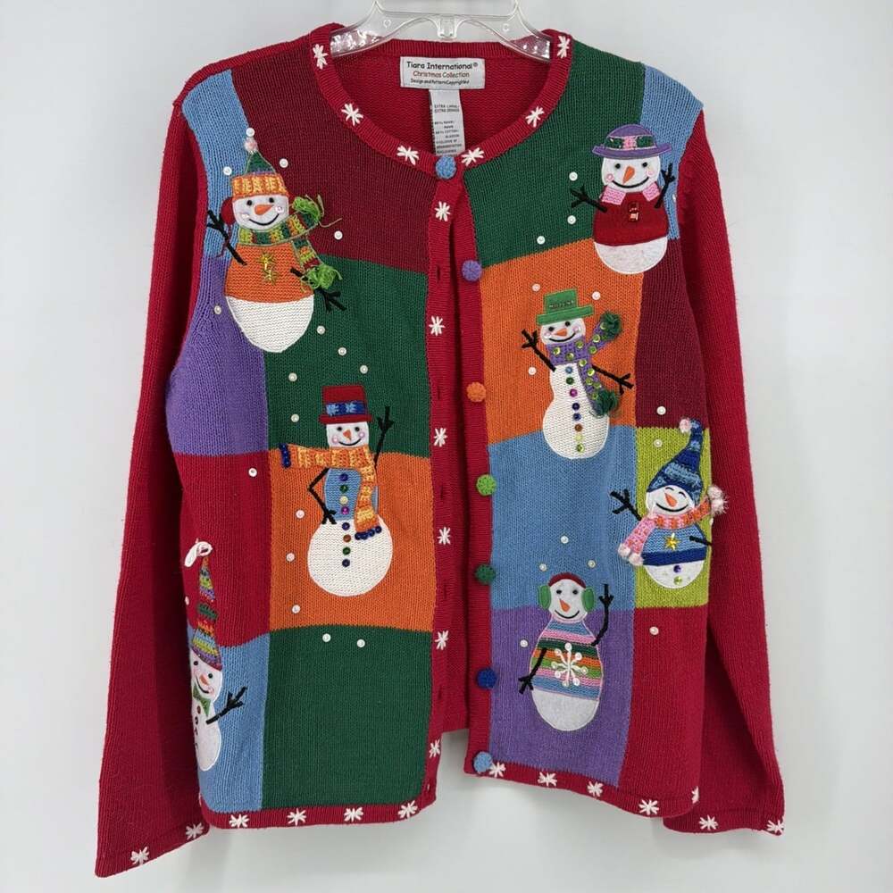 VTG Tiara International Cardigan Womens Christmas Patchwork Snowman Sweater XL